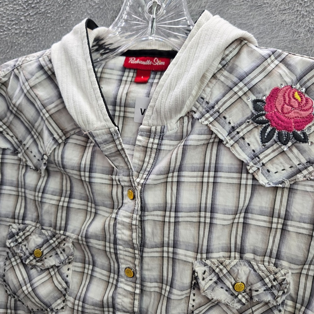 Panhandle Slim Women Top Large Beige Floral Button Up Embroidered Western Hooded - Picture 4 of 8